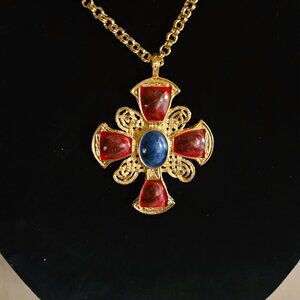 Vintage Unbranded 36" Gold Tone Filagree Maltese Cross Pendant Dark Red & Blue